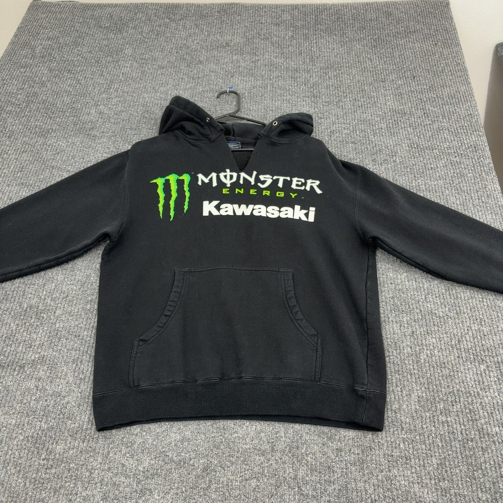 Monster Energy Kawasaki Hoodie Mens S Black Cotton Blend Cut Neck Racing Style